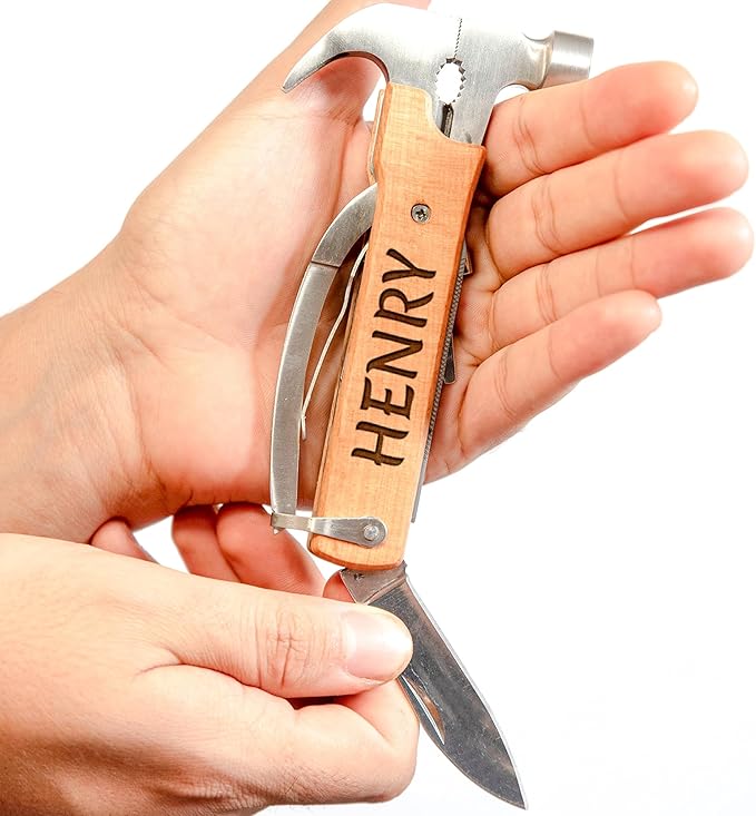 Custom Pocket Knife for Men, Personalized Gift for Men, Custom Engraved Multitool, Multiple Tools for Wooden Handle, Cool Birthday, Christmas, Fathers Day Gift for Dad, Husband, Grandpa