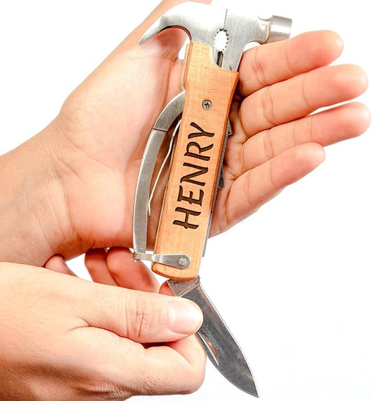 Custom Pocket Knife for Men, Personalized Gift for Men, Custom Engraved Multitool, Multiple Tools for Wooden Handle, Cool Birthday, Christmas, Fathers Day Gift for Dad, Husband, Grandpa