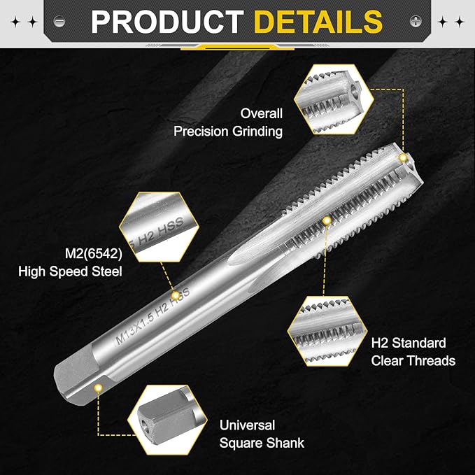 uxcell Hand Plug Tap M13 x 1.5 H2 Metric Thread Plug Style Taps Straight Flute Screw Tapping Threading Tool High Speed Steel HSS6542