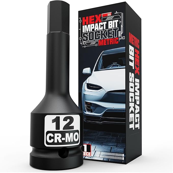1/2" Drive 12 mm Hex Impact Bit Socket, H12 Allen Bit Socket, Metric, Cr-Mo Steel, Automotive Repair Industrial Maintenance and DIY Enthusiasts Alike