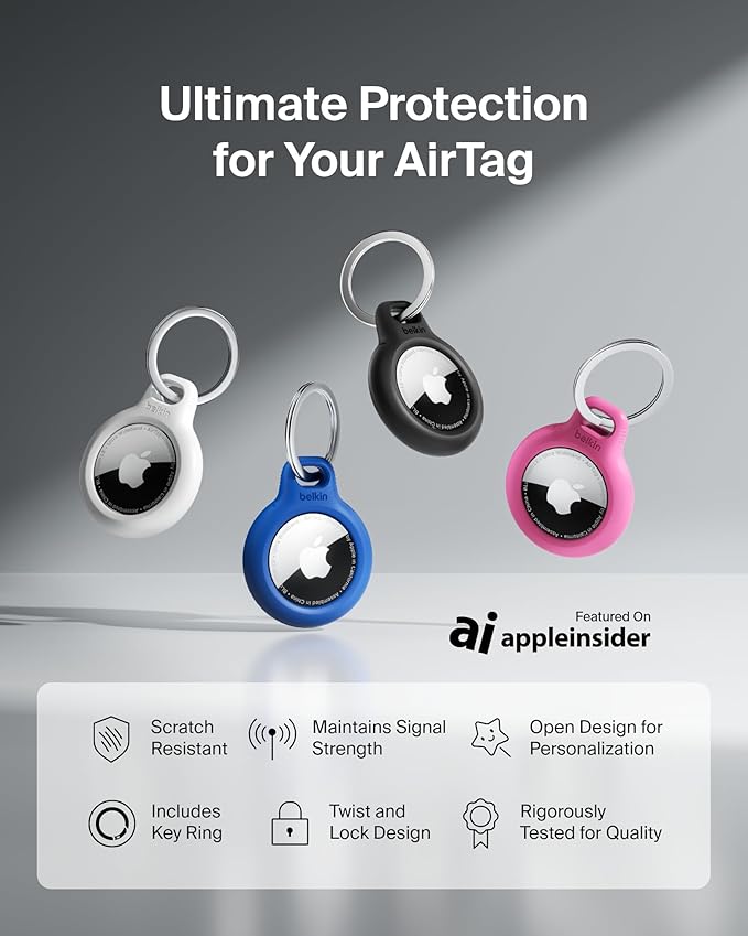 Belkin Apple AirTag Secure Holder with Key Ring - Durable, Scratch-Resistant Case with Open Face & Raised Edges - Protective AirTag Keychain Accessory for Keys, Pets, Luggage, & More - Pink