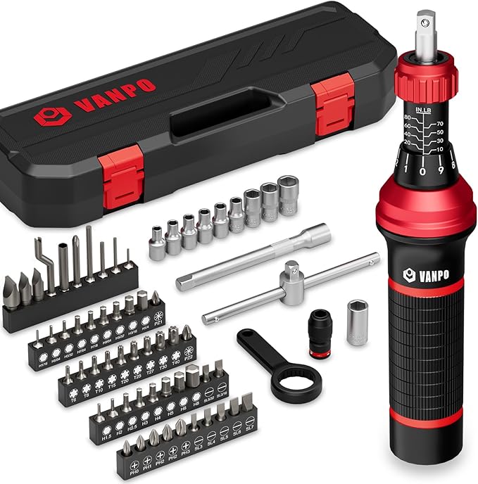 VANPO 1/4" Torque Screwdriver Set, 64 Pieces 10??0 in-lb Inch Pound Torque Wrench Screwdriver Kit with T-Bar & S2 Bits ??Precision Tool for Optics, Electronics, Smart Locks & DIY Repair