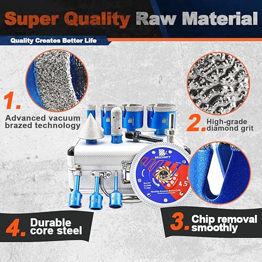 Diamond Core Drill Bit Set - BRSCHNITT Tile Hole Saw Kit 1/4" 5/16" 3/8" 4/5" 1-3/8"2" 2-1/2" & 4/5" Finger Bit & 2" Chamfer Bit for Porcelain Tile Ceramic Marble Granite & Diamond Blade