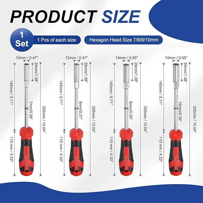 HARFINGTON 4 Pcs Metric Nut Driver 7mm/8mm/9mm/10mm CR-V Non-Magnetic Tip Hollow Shafts Hex Socket Screwdriver with Anti-Slip Handle for Automobile Repair Bit Driver, Brown
