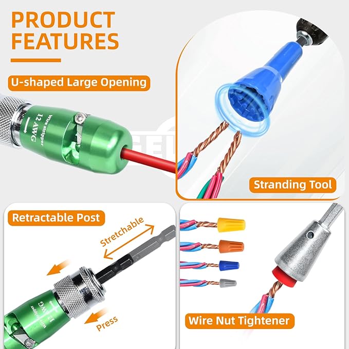 ANGELSWORD Wire Stripper & Wire Twister Tool for Drill, Wire Stripping Tool & Wire Twisting Connector Set 8/10/12/14 AWG, 4 PCS Professional Electrician Tools Set