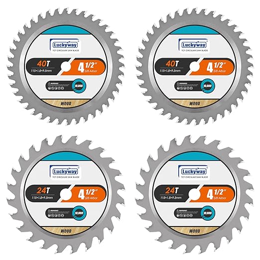 Luckyway 4-1/2 Inch Circular Saw Blade 24T Farming & 40T Fine Finish with 3/8 Inch Arbor, TCT Trim Saw Blade for Cutting Wood, 4-Pack