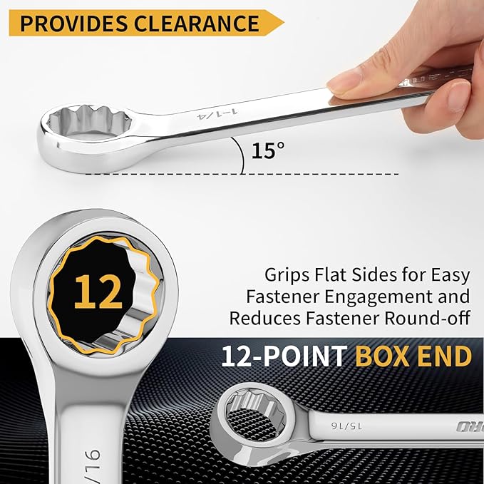 GRENPRO SAE Wrench Set, Large Wrench Set, 7-Piece 15/16", 1", 1-1/16", 1-1/8", 1-3/16", 1-1/4" Long Big Open End Wrench Tools Set Roll Up Pouch Organizer with Gauge, 12 Point Combination Wrenches Sets