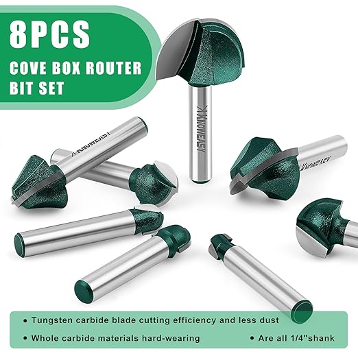 Knoweasy 8-Piece Cove Box Router Bit Set with 1/4 Inch Shank, Solid Carbide Round Nose Bits for Woodworking, Includes 1/4, 5/16, 3/8, 1/2, 5/8, 3/4, 7/8 and 1 Inch Cutting Diameters