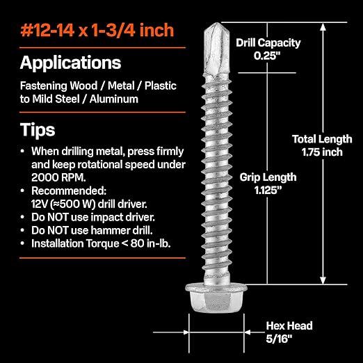 SUNKIN 64PCS Self Tapping Screws for Metal, Bi-Metal Stainless Steel 304 Rustproof, #12 x 1-3/4" Hex Head, Hardened Self Drilling Tip for Steel, Extreme Long Service Life