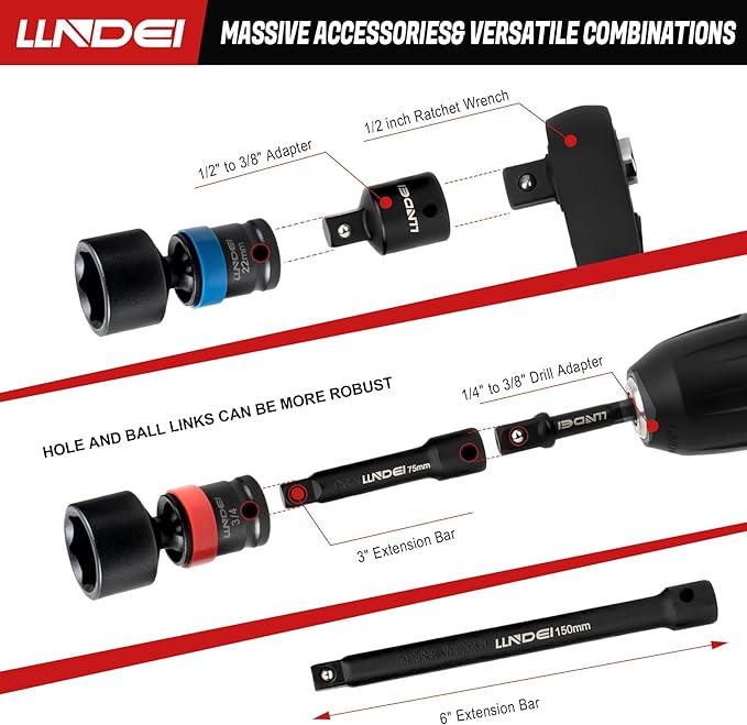 LLNDEI 27Pcs 3/8" Drive Swivel Impact Socket Set, CR-MO Swivel Socket Set Metric(8-22mm)& SAE(5/16-3/4),6 Point Wobble Socket Set with Ratchet Wrench, Extension Bar and Adapters.