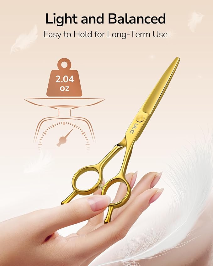 ULG Professional Hair Cutting Scissors 6.5 Inch ??Sharp Barber Shears, Stainless Steel Symmetrical Salon Haircut Scissors for Women, Men, Kids, Gloss Paint Finish, Golden