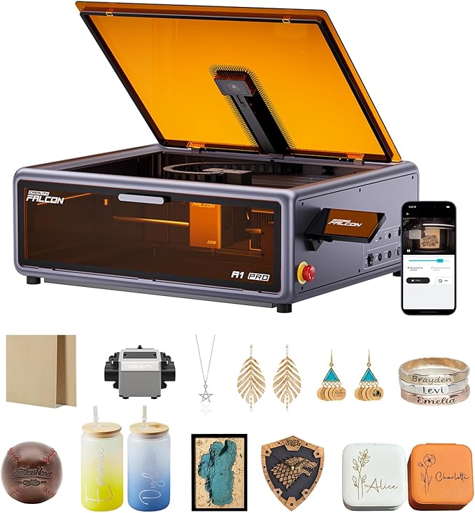 Creality Falcon A1 Pro 20W Laser Engraver, Full Enclosed 180W Output Laser Engraver Machine, Touch Screen, Auto Focus, APP Control, Pre-Assembled, Ideal for Wood and Metal, Class 1 Safety