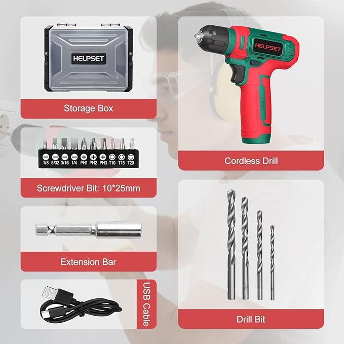 8V Cordless Drill Driver Set with 3/8" Keyless Chuck, 15pcs Bits, Type-C Charging, Built-in LED and Variable Speed for Drilling and Screwing, Toolbox(Christmas)