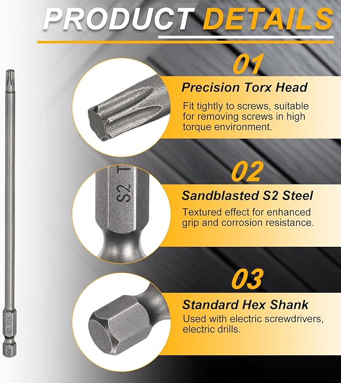 HARFINGTON 2pcs T25 Torx Head Screwdriver Bit 1/4" Hex Shank 6" (150mm) Long Magnetic No Hole Tip Tamper Proof 6 Point Star Screw Driver Drill Bits S2 Steel Industrial Power Screwdrivers