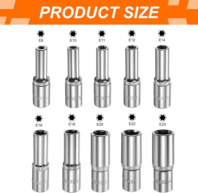 HARFINGTON 10pcs E-Torx Socket 1/2" Drive E8-E24 Star Female Socket 3.1" Length External Torx Deep Sleeve Chrome Plating 6 Point Spline Sleeve for Auto Repairs Home Maintenance