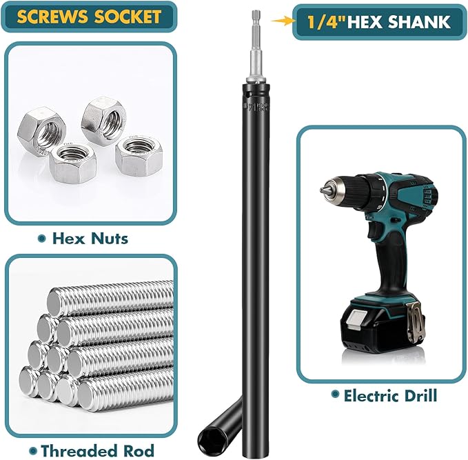 Blulu 9/16"(14mm) Power Nut Driver, Nut Runner Hollow Socket with 1/4" Hex Shank, Fit Long Bolts and Ductwork for Overhead Fastening Applications Operations(1 Pack, 10 Inch)
