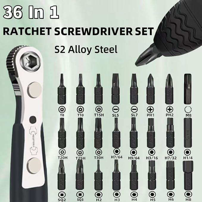 36in1 Right Angle Screwdriver Set 1/4 Mini Ratchet Wrench S2 Magnetic 1/4 Bits 90 Degree Offset Screwdriver Metric/SAE Allen Bits Dedicated to Small Spaces Home&Outdoor Portable Tools
