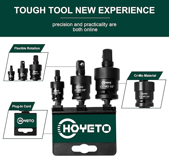 Impact Universal Joint Socket Swivel Set, 3-Piece, 1/4" 3/8" 1/2" Socket Adapter Set, Cr-Mo Steel, Radius Corner Design, Flexible Swivel Socket Set