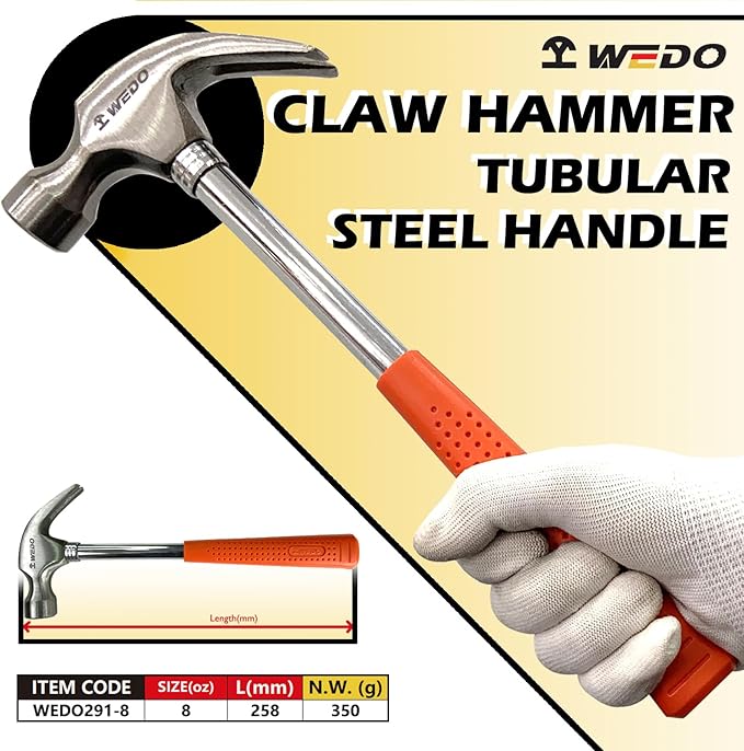 WEDO 6PCS Tool Set,Claw Hammer 8oz,Slotted Screwdriver 5X150mm,Phillips Screwdriver PH1X150mm,Long Nose Pliers 6",Stainless Steel Tweezers 120mm,Measuring Tape 3m*16mm