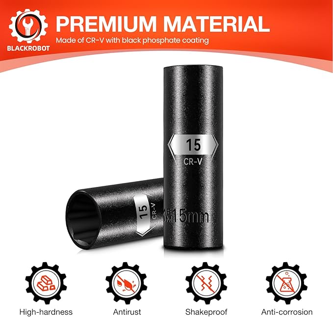 BLACKROBOT 1/2 Inch Drive 6-Point Deep Socket, 15mm Deep Impact Socket, CR-V Steel