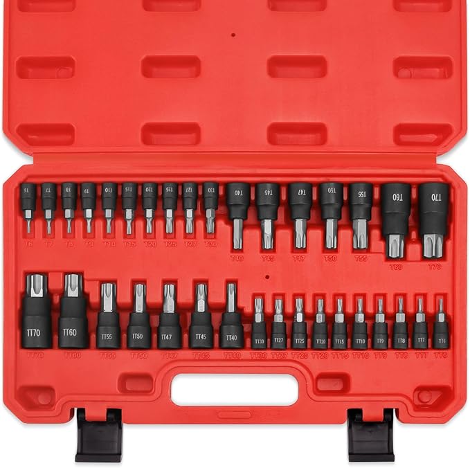 34-Piece Torx Bit Socket Set, 1/4", 3/8" and 1/2" Drive T6-T70 Solid Star Socket Set and Tamper Proof Torx Bit Socket Set,S2 Steel Bits and CR-V Sockets with Storage Case