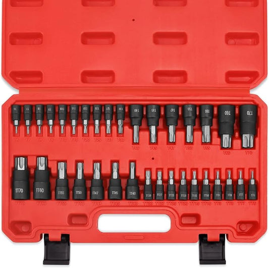34-Piece Torx Bit Socket Set, 1/4", 3/8" and 1/2" Drive T6-T70 Solid Star Socket Set and Tamper Proof Torx Bit Socket Set,S2 Steel Bits and CR-V Sockets with Storage Case
