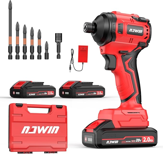 NAWIN Cordless Impact Driver Kit 20V Max Torque 240Nm竊?77ft-lbs竊덳igh Rotation Electric Impact Driver Brushless Motor Continuously Variable Rechargeable 1/4" impact driver 2.0Ah Batteries