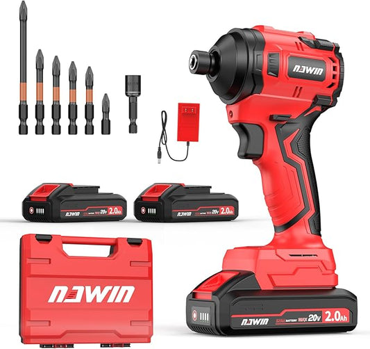 NAWIN Cordless Impact Driver Kit 20V Max Torque 240Nm竊?77ft-lbs竊덳igh Rotation Electric Impact Driver Brushless Motor Continuously Variable Rechargeable 1/4" impact driver 2.0Ah Batteries