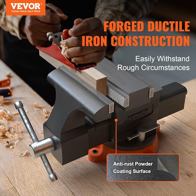 VEVOR Bench Vise, 6.5" Jaw Width 6.5" Forward &9.3" Reverse Opening, 360-Degree Swivel Locking Base Multipurpose Workbench w/Anvil, Heavy Duty Ductile Iron w/Bolts & Nuts, for Drilling, Pipe Cutting