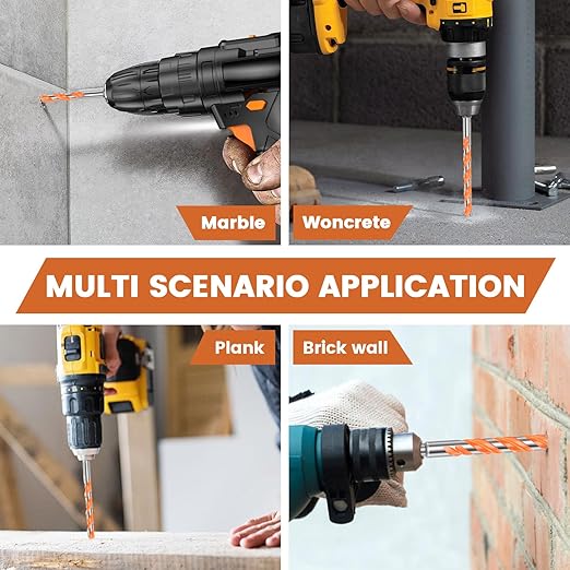 15PCS Concrete Carbide Drill Bits Set 5/32"-1/2" Masonry Drill Bits Set,Tile Drill Bit Set 6 Sizes Shockproof Tungsten Steel with 1/4" Hex Shank for Class/Brick/Plastic/Cement/Tile (1 Set)