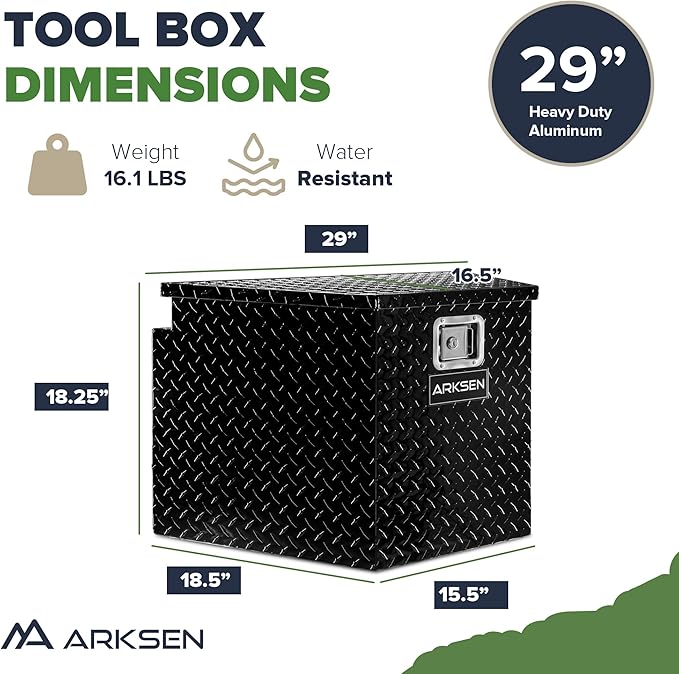 ARKSEN 29 Inch Aluminum Diamond Plate Tongue Box Tool Chest, Waterproof Under Truck Storage for Pick Up Truck Bed, RV Trailer, ATV with Lock and Keys - Black