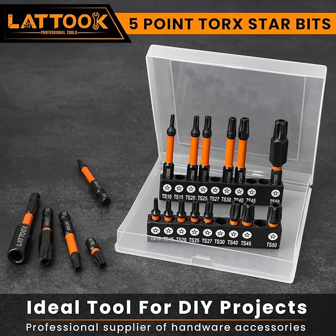 19-Pieces 5 Point Star Torx Bit Set, LATTOOK Security Tamper Proof Torx Driver Bit Set, Magnetic S2 Steel, 2.3'' & 1'' Long, T10, T15, T20, T25, T27, T30, T40, T45, T50