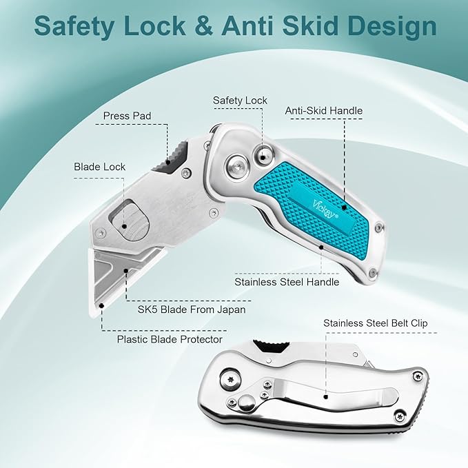 Vickay Box Cutter, Utility Knife with Clip, Stainless Steel Body Handle, Quick-change Blade and Safety Axis Lock, Razor Knife, Cardboard Cutter with Extra 5PC SK5 Blades (Green)