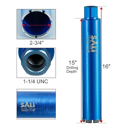 SALI Wet Diamond Core Drill Bits 2-3/4"/70mm Diameter, 15"/380mm Drilling Depth Concrete Core Drill Bit, 1-1/4-7" Thread Core Bit Turbo Laser-Welded Segments with Rebar, Brick, Block, Masonry, Stone