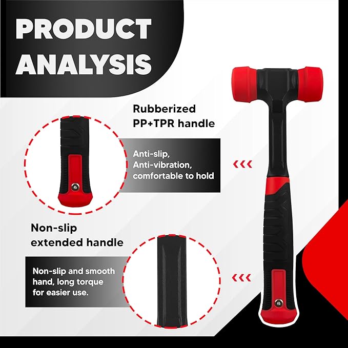 YIYITOOLS 40mm 2-Sided Soft Face Hammer,High Carbon Steel Forging,Double Face Installation Mallet with Non-Marring Solid PU Head,Shock-Absorbing Antislip Rubber Handle,for Sheet Metal,Flooring Install