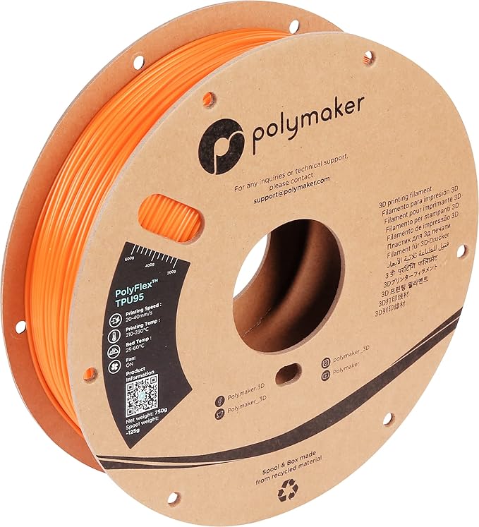 Polymaker TPU Filament 1.75mm Orange, 0.75kg Shore 95A Flexible 3D Printer Filament 1.75mm - PolyFlex TPU95 3D Printing TPU Filament 0.75kg Orange Soft Flexible Filament