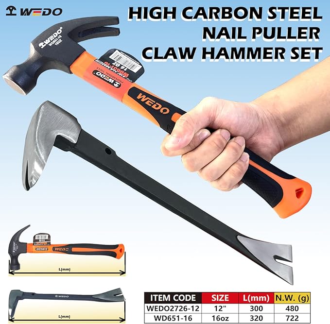 WEDO Pry Bar and Claw Hammer Set,12" Nail Puller,16oz Claw Hammer,High Carbon Steel Crowbar,V Type Cats Paw Nail Remover,Utility Claw Bar Tool for Home Remolding,Woodworking