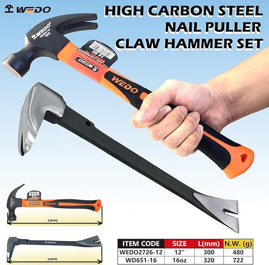 WEDO Pry Bar and Claw Hammer Set,12" Nail Puller,16oz Claw Hammer,High Carbon Steel Crowbar,V Type Cats Paw Nail Remover,Utility Claw Bar Tool for Home Remolding,Woodworking