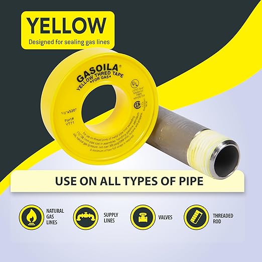 Gasoila Yellow PTFE Thread Seal Tape ??Professional-Grade, 1/2 Inch x 520 Inch, High-Density Thread Tape for Gas Lines ??Leak-Proof Seal, Non-Toxic