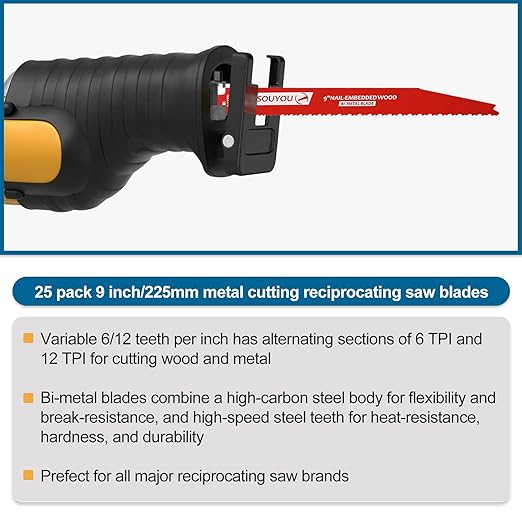 25 Pack 9 Inch 6/12 Tpi Reciprocating Saw Blades Bi-Metal Steel Demon with Perma-Shield Coating Stud and Reciprocating Saw Blades for Cutting Embedded Wood Metals PVC Pallets etc.