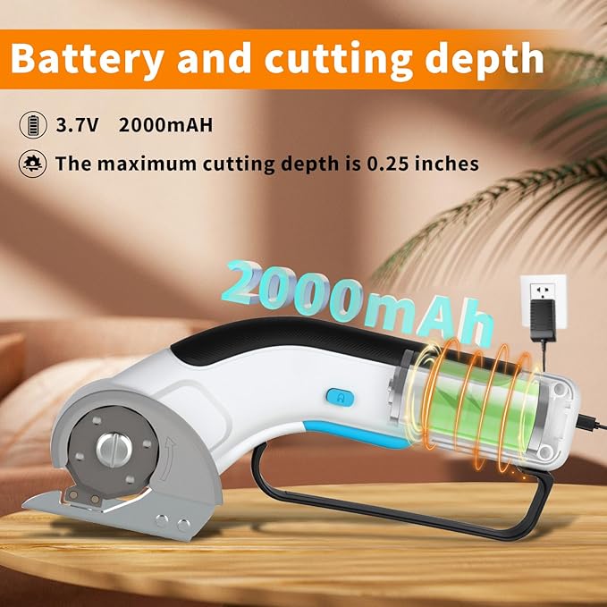 Cordless Electric Scissors Rechargeable with 2-Blade & Storage Bag, Powerful Rotary Cardboard Box Cutter 3.7V 2000mAh for Cloth Carpet Plastic Leather, Charging Cable(White)