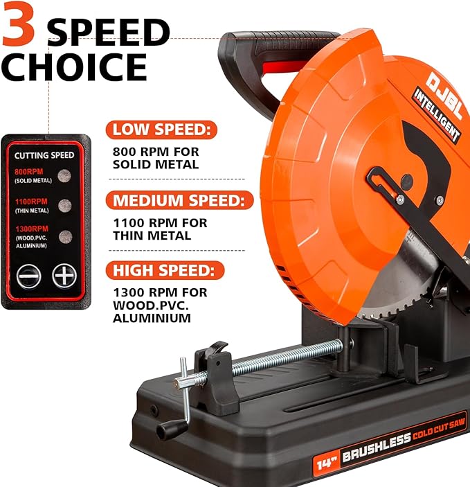 DJBL 14" 3500w Brushless Cold Cut Saw,Dry Cut Saw Cutting Speeds Changeable,Brushless Motor Metal Cut Chop Saw with 66 Teeth Ferrous Metal Cutting Blade,45 Degree Adjustable