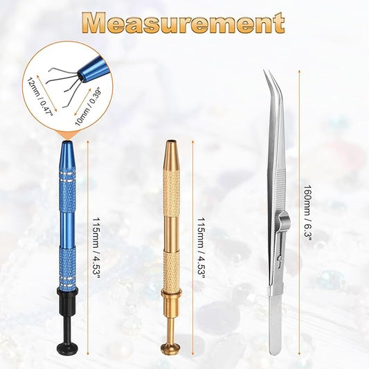 HARFINGTON 3pcs Diamond Tweezer Holder Pick Up Tool Set Stainless Steel 4 Claw Holder Elbow Head Jewelry Locking Tweezer for Tiny Objects Electronic Components, Silver/Gold/Blue