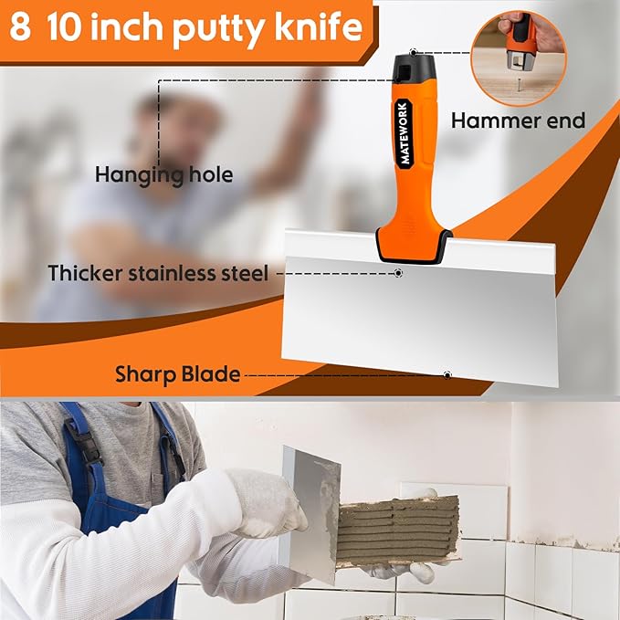 Drywall Tools, 8Pcs High Quality Stainless Steel Drywall Knife Set, Putty Knives with Mud Pan, Ergonomic Grip Tapping Knife with Hammer End for Wall Work