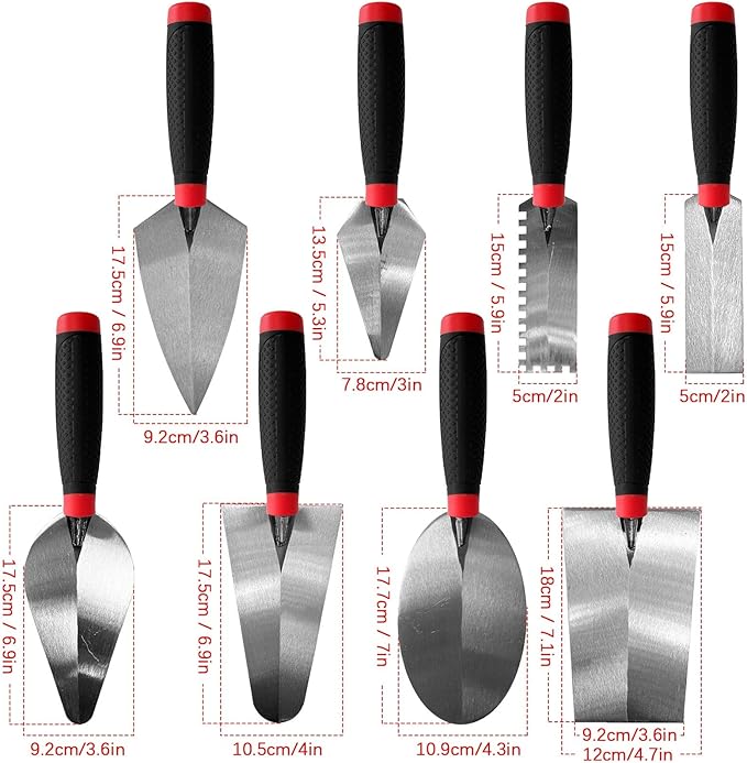8 Pack Masonry Hand Tool Set, 3 PC Brick Trowels, 3 PC Margin Trowels, 7??Gauging Trowel and 7??Bucket Trowel, Bricklaying Hand Tool for Concrete, Cement, Plaster, Tile Construction Projects