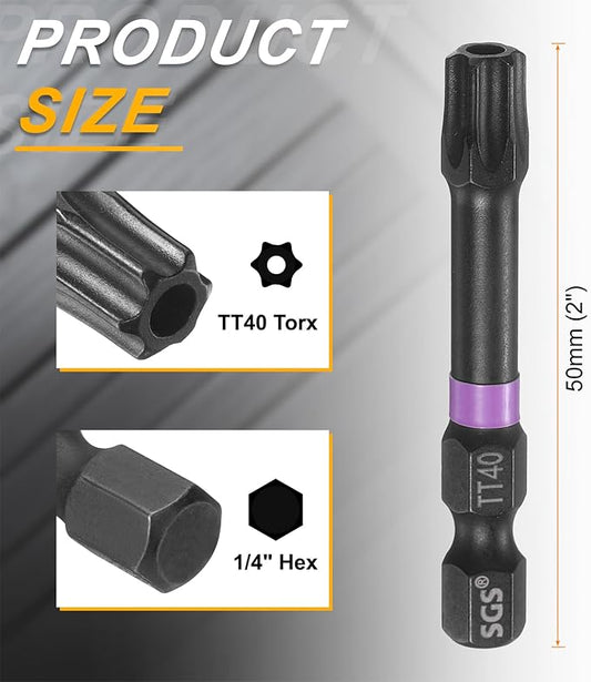 HARFINGTON TT40 Torx Head Impact Screwdriver Bits 1/4" Hex Shank 2" (50mm) Long Magnetic Tamper Proof 6 Point Star Screw Driver Drill Bits Phosphate S2 Steel Power Tools with Hole