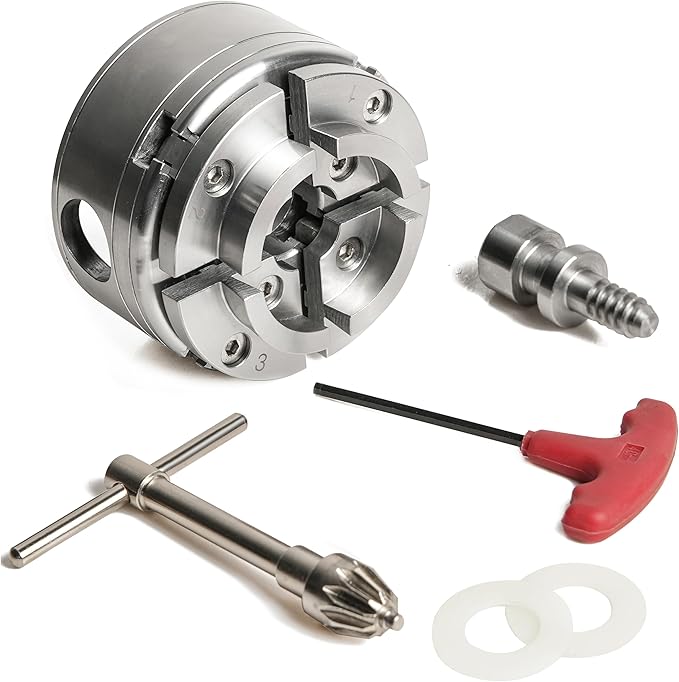 NCK-G3.75 3.75" 4 Jaw Key Self-Centering Chuck, Thread 1"X8TPI, with NCK-3.75Z-DJDD Dovetail Jaws, Wood Screw, Two Nylon Washers, T Handle Allen Key