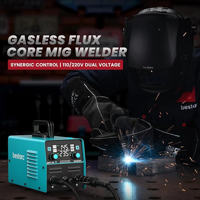 bestarc 145A MIG Welder, 110V/220V Gasless Flux Core MIG Welder/Lift TIG/Stick 3 in 1 Synergic MIG145 5GEN Welding Machine, Portable Flux Welder with Digital Screen Display
