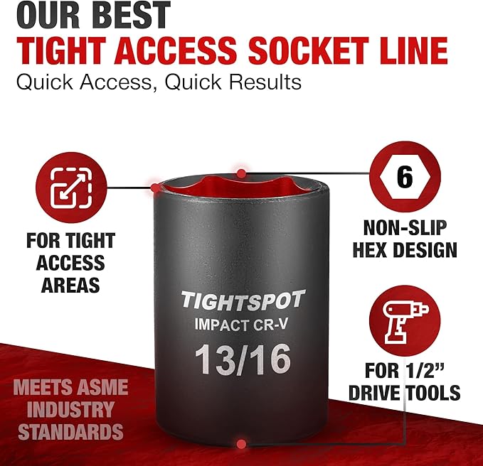 TIGHTSPOT 1/2 Inch Drive - 13/16 Inch Shallow Impact Socket with Anti-Rounding 6 Point Design, Heat-Treated CRV Steel