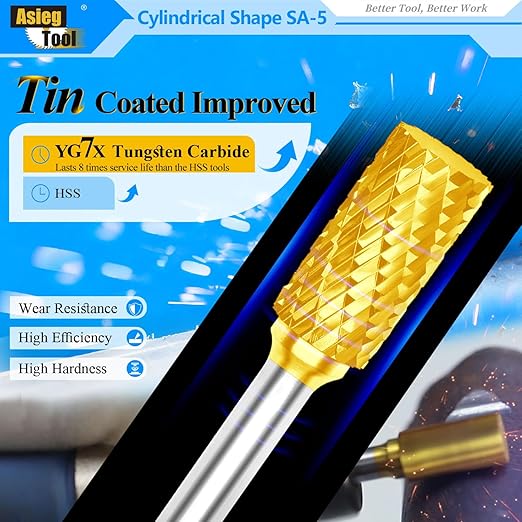 SA-5 5pcs Tungsten Carbide Burr TiN Rotary File Cylindrical Shape Double Cut for Die Grinder Drill Bits 1/4'' Inch Diameter of Shank and 1/2'' Inch Diameter of Cutter 1'' Inch Cutter Length